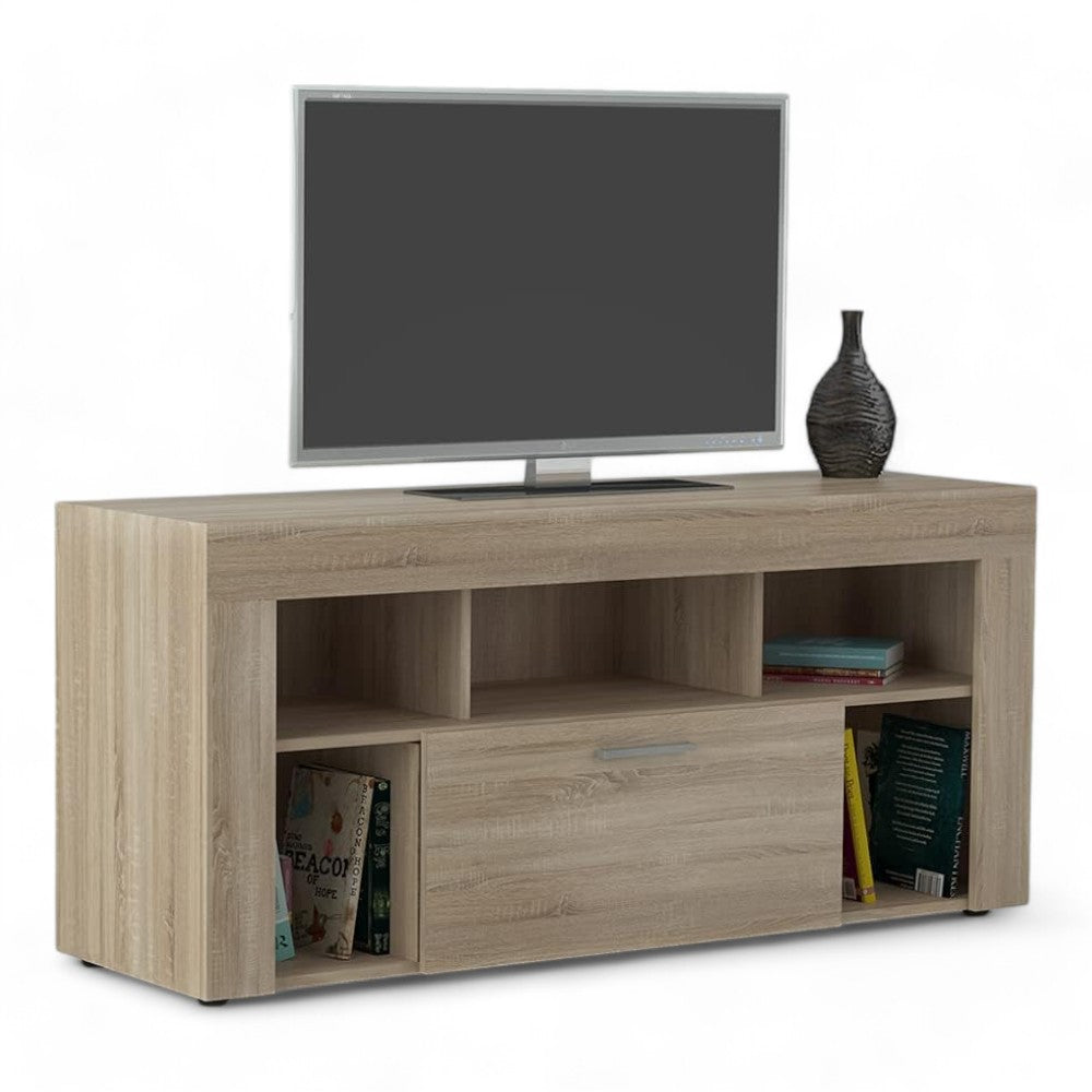 Mobile porta TV in quercia chiaro con cassetto centrale e vani a giorno 130x41,5x60 cm resistente antigraffio