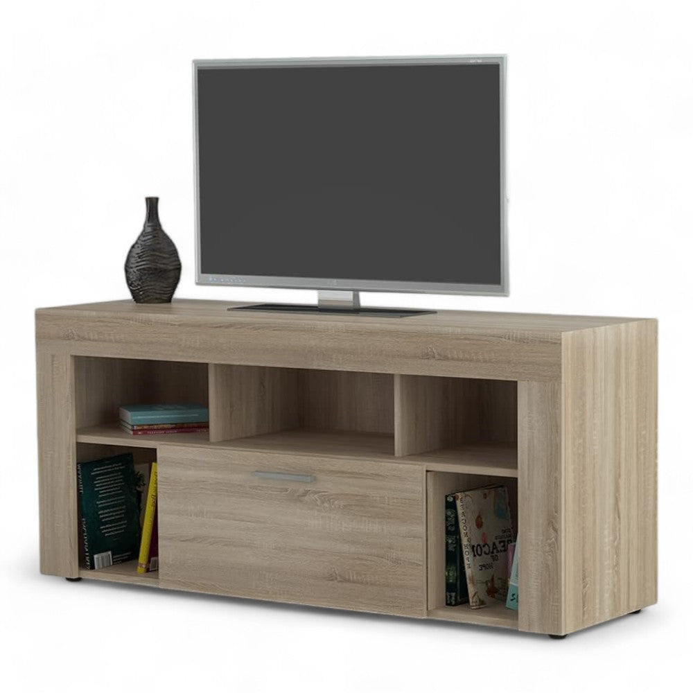 Mobile porta TV in quercia chiaro con cassetto centrale e vani a giorno 130x41,5x60 cm resistente antigraffio