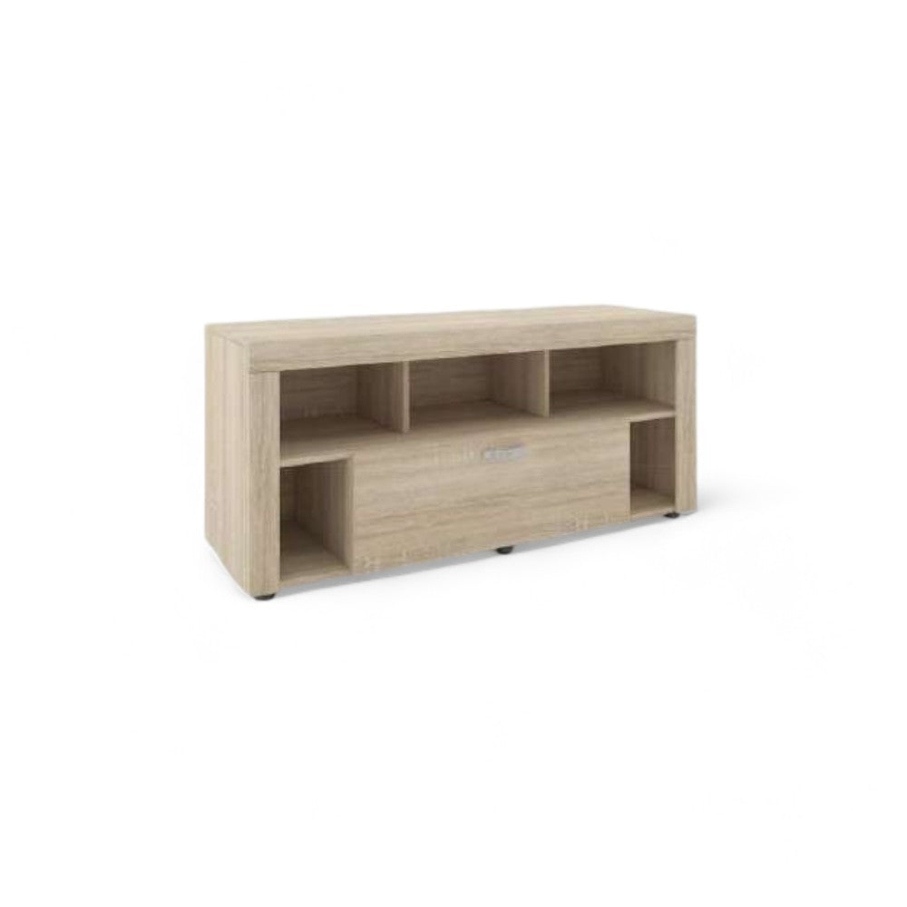 Mobile porta TV in quercia chiaro con cassetto centrale e vani a giorno 130x41,5x60 cm resistente antigraffio