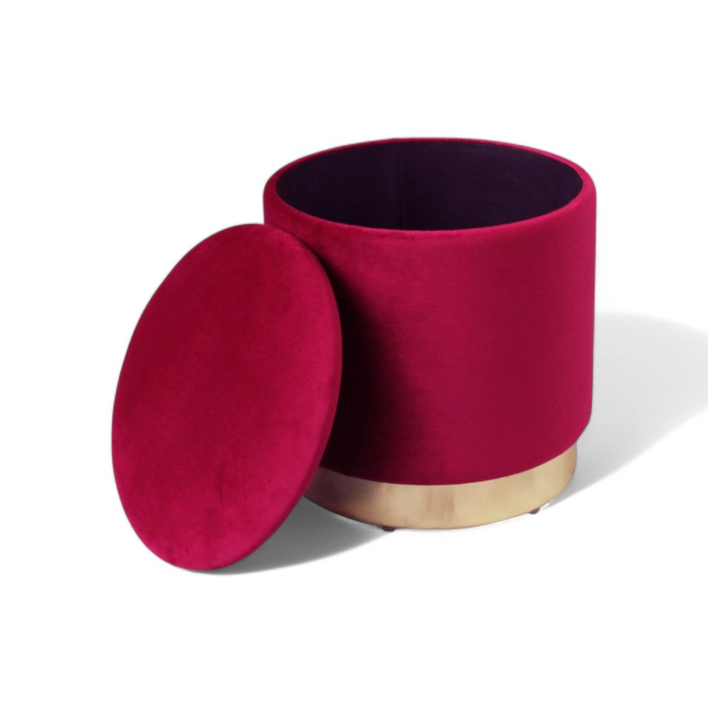 Pouf contenitore rotondo in velluto rosso elegante e spazioso diametro 37xH40 cm