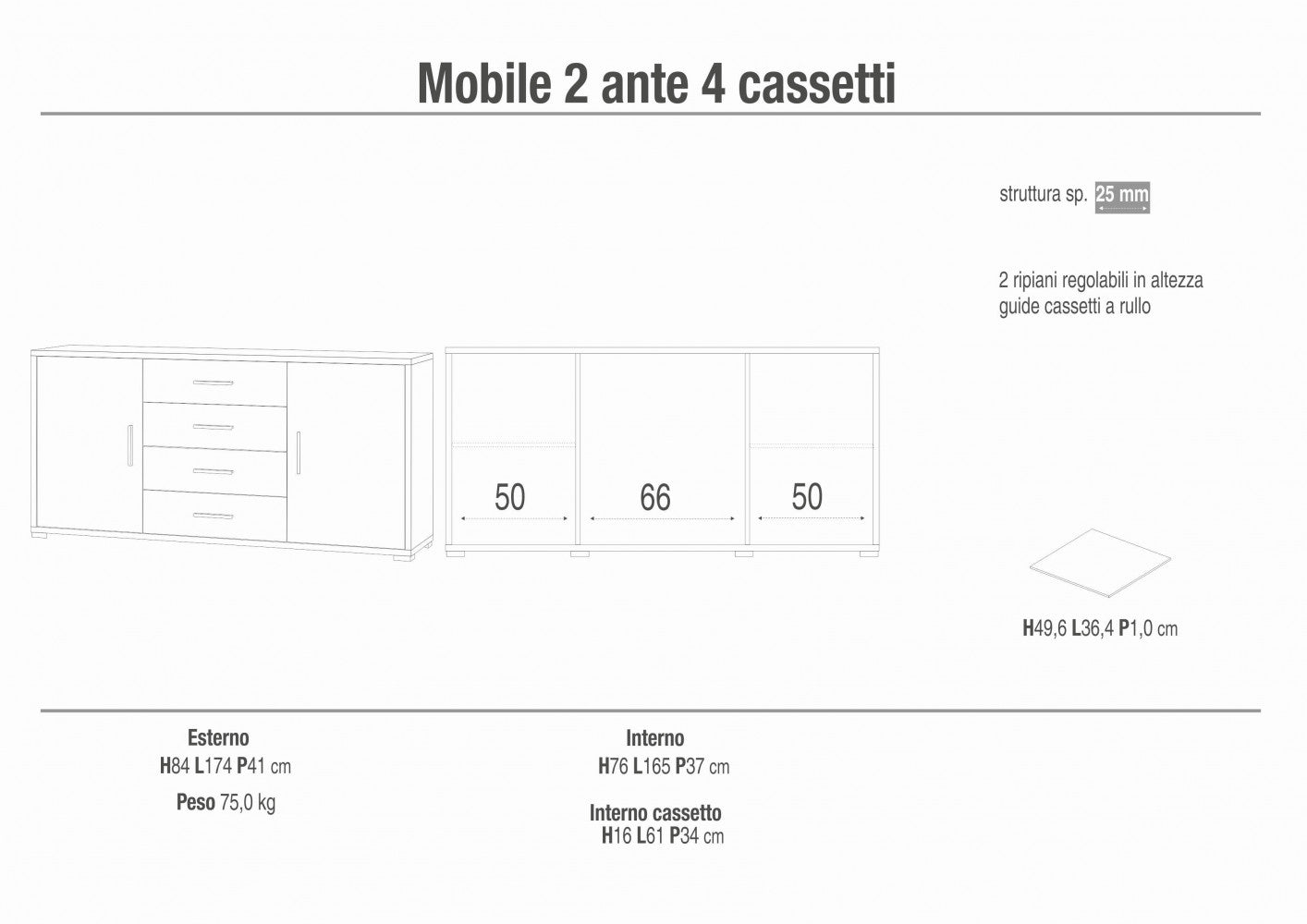 Mobile soggiorno moderno 2 ante 4 cassetti finitura ossido bianco e noce dimensioni 174x41x84 cm in MDF marrone