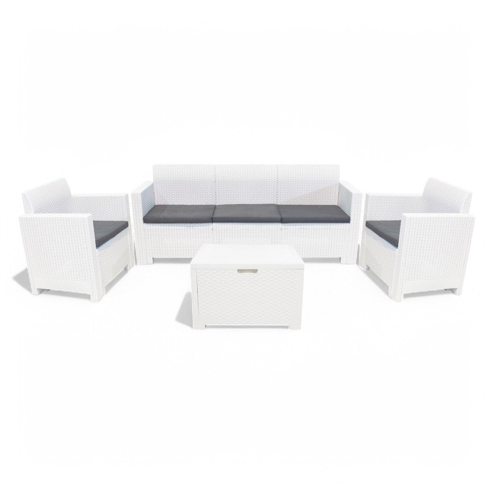 Set salotto divano poltrona e tavolino da giardino 3 posti con cuscini in polipropilene effetto rattan bianco