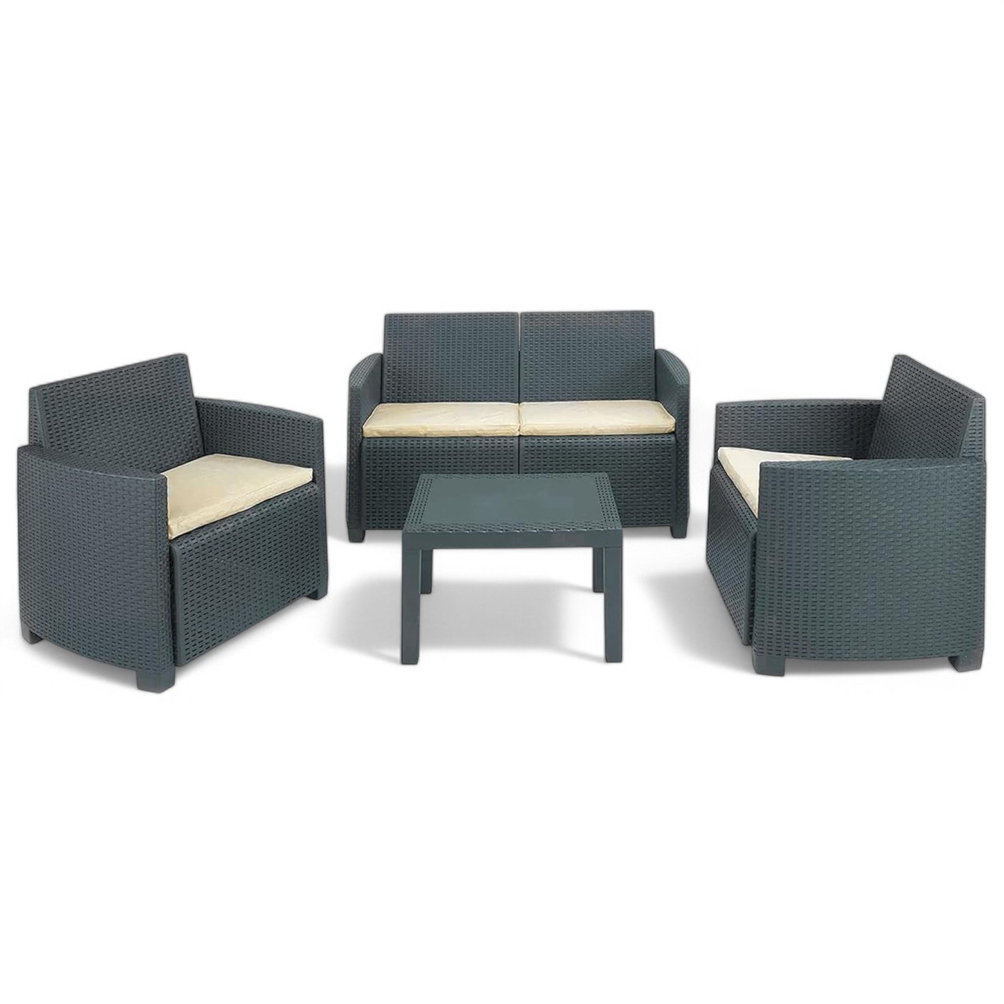 Salotto per esterno in polietilene rattan 2 poltrone 1 divano biposto con cuscini e 1 tavolino