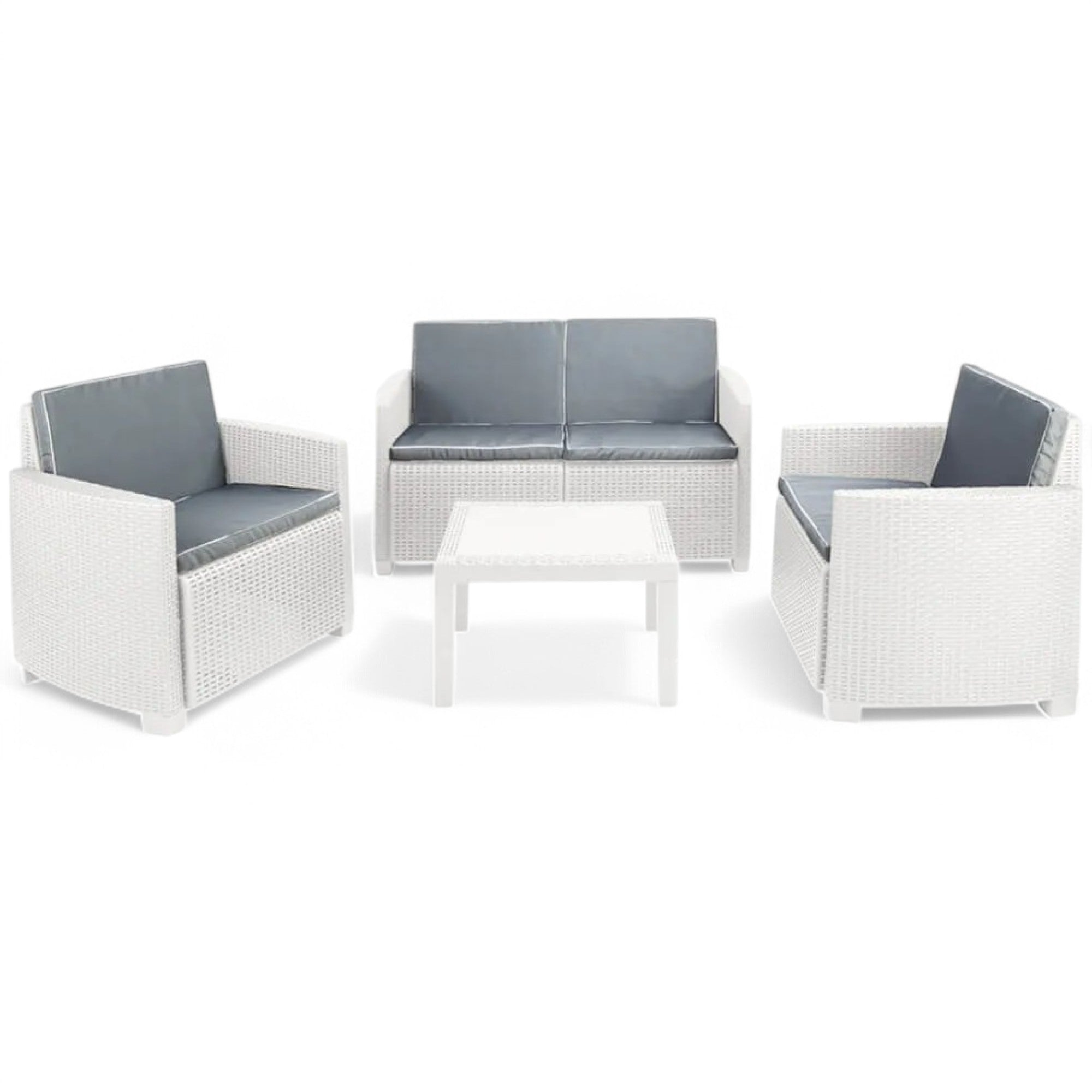 Salotto per esterno in polietilene rattan bianco 2 poltrone 1 divano biposto con cuscini e 1 tavolino