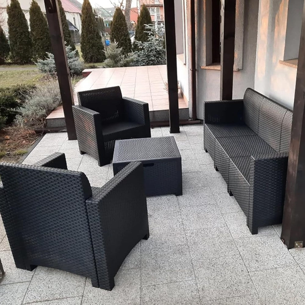 Salotto da giardino in resina con 3 posti e cuscini in polipropilene nero Nebraska