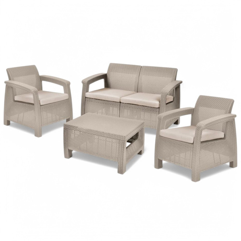 Set salotto da giardino composto da 1 divano 2 poltrone e 1 tavolino per esterno Keter corfù