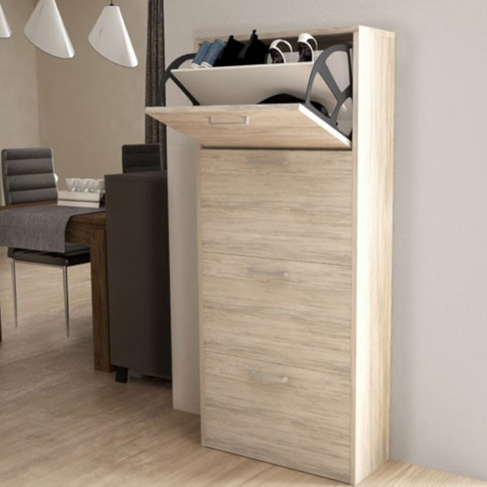 Scarpiera a quattro ante ribaltabili in pino chiaro con doppia profondità e ventaglio in plastica 59x25x140 cm