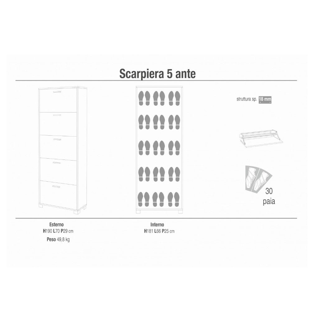 Scarpiera a cinque ante salvaspazio in MDF colore marrone con finitura ossido nero e noce dimensioni 70x29x190 cm