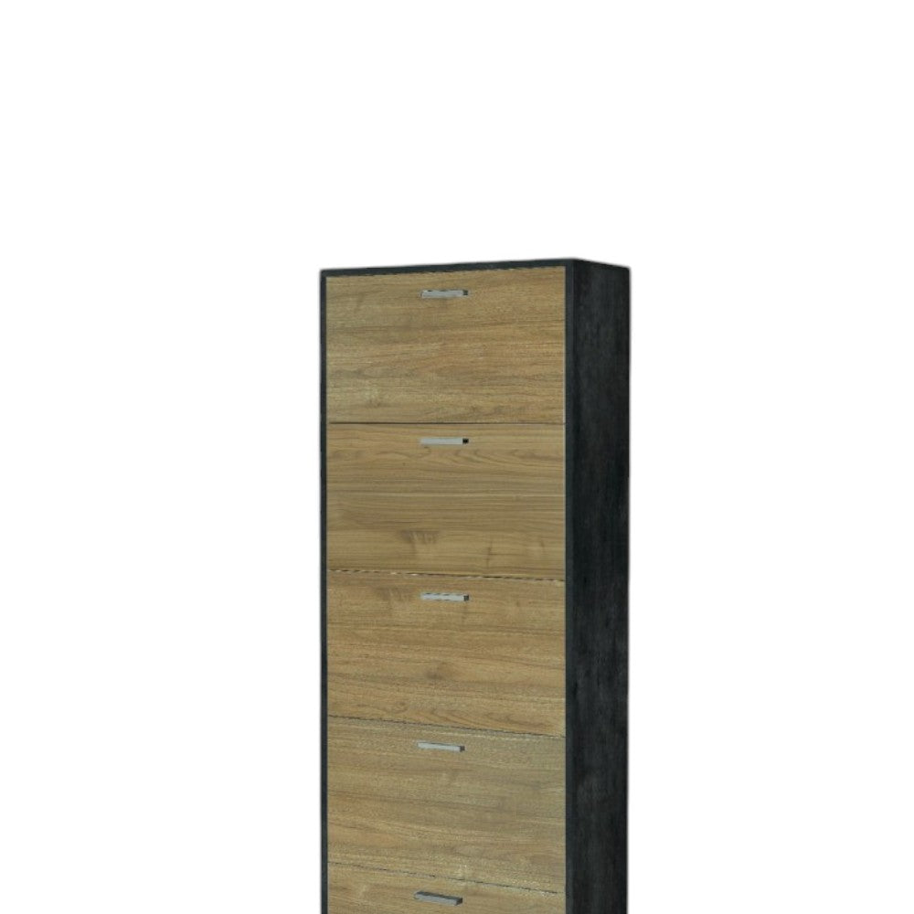 Scarpiera a cinque ante salvaspazio in MDF colore marrone con finitura ossido nero e noce dimensioni 70x29x190 cm