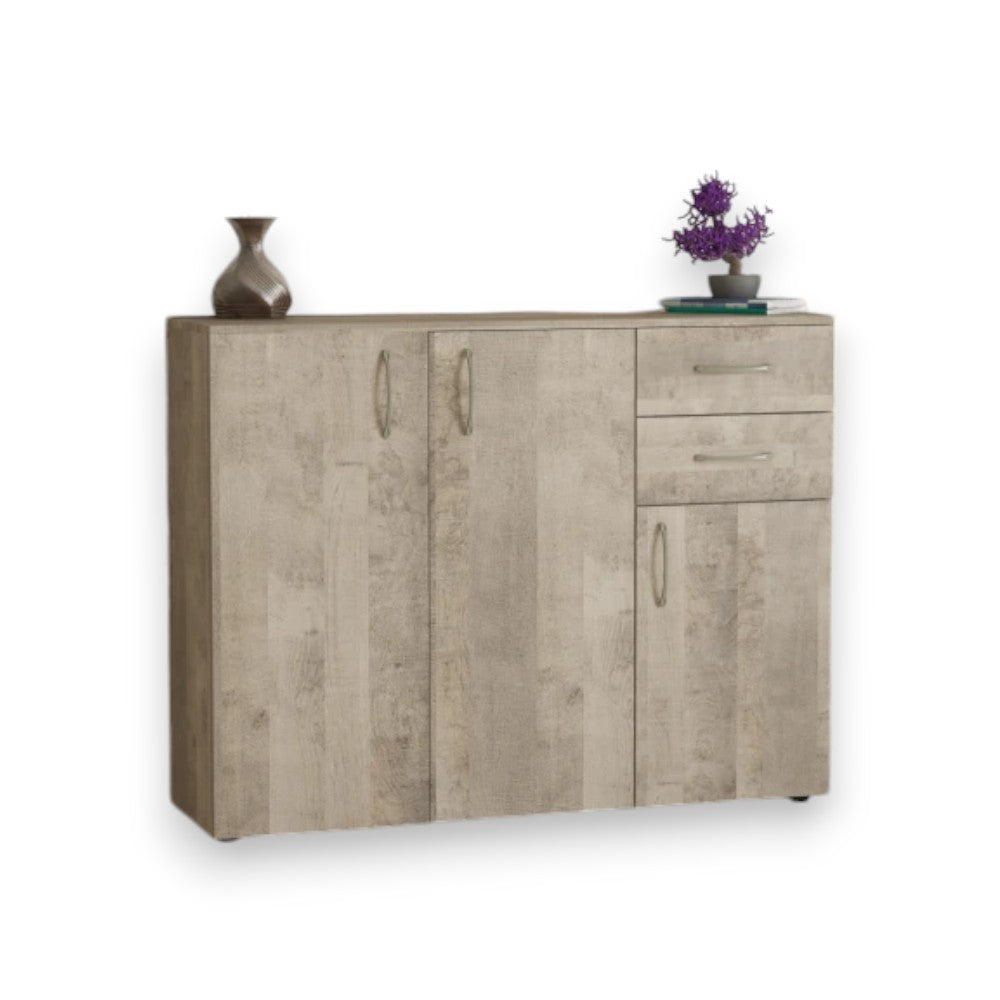 Mobile riponimento tre ante due cassetti quercia chiaro 106x36x83h truciolare nobilitato melaminico antigraffio 16mm tre ripiani