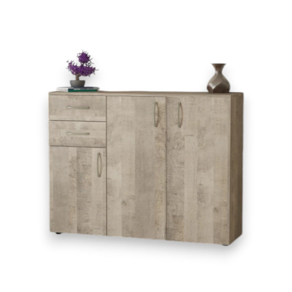 Mobile riponimento tre ante due cassetti quercia chiaro 106x36x83h truciolare nobilitato melaminico antigraffio 16mm tre ripiani