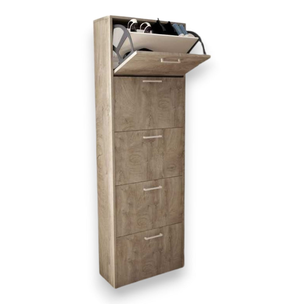 Scarpiera a cinque ante ribalta in truciolare melaminico quercia chiaro cm 59x25x172h con ventaglio e maniglie satinato