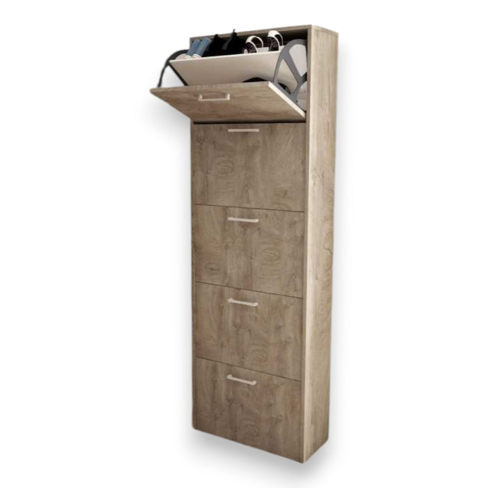 Scarpiera a cinque ante ribalta in truciolare melaminico quercia chiaro cm 59x25x172h con ventaglio e maniglie satinato