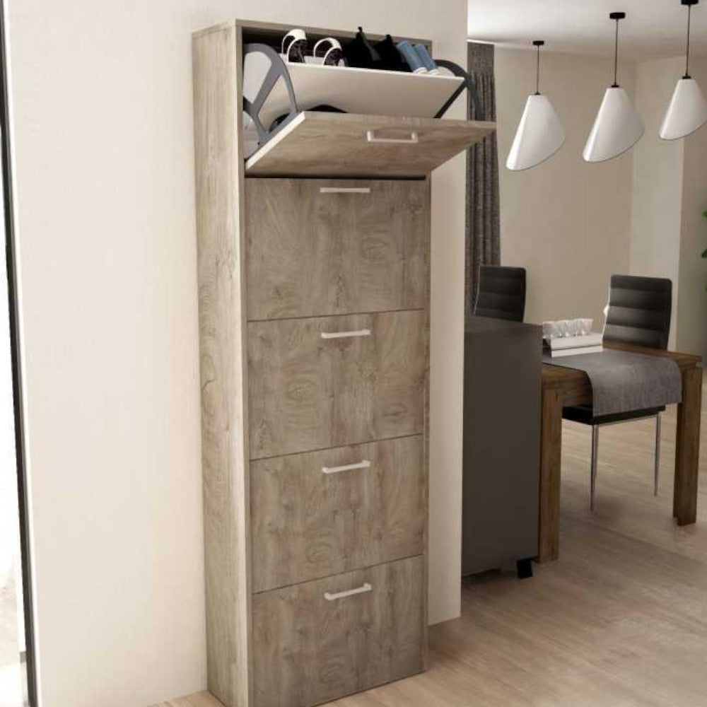 Scarpiera a cinque ante ribalta in truciolare melaminico quercia chiaro cm 59x25x172h con ventaglio e maniglie satinato