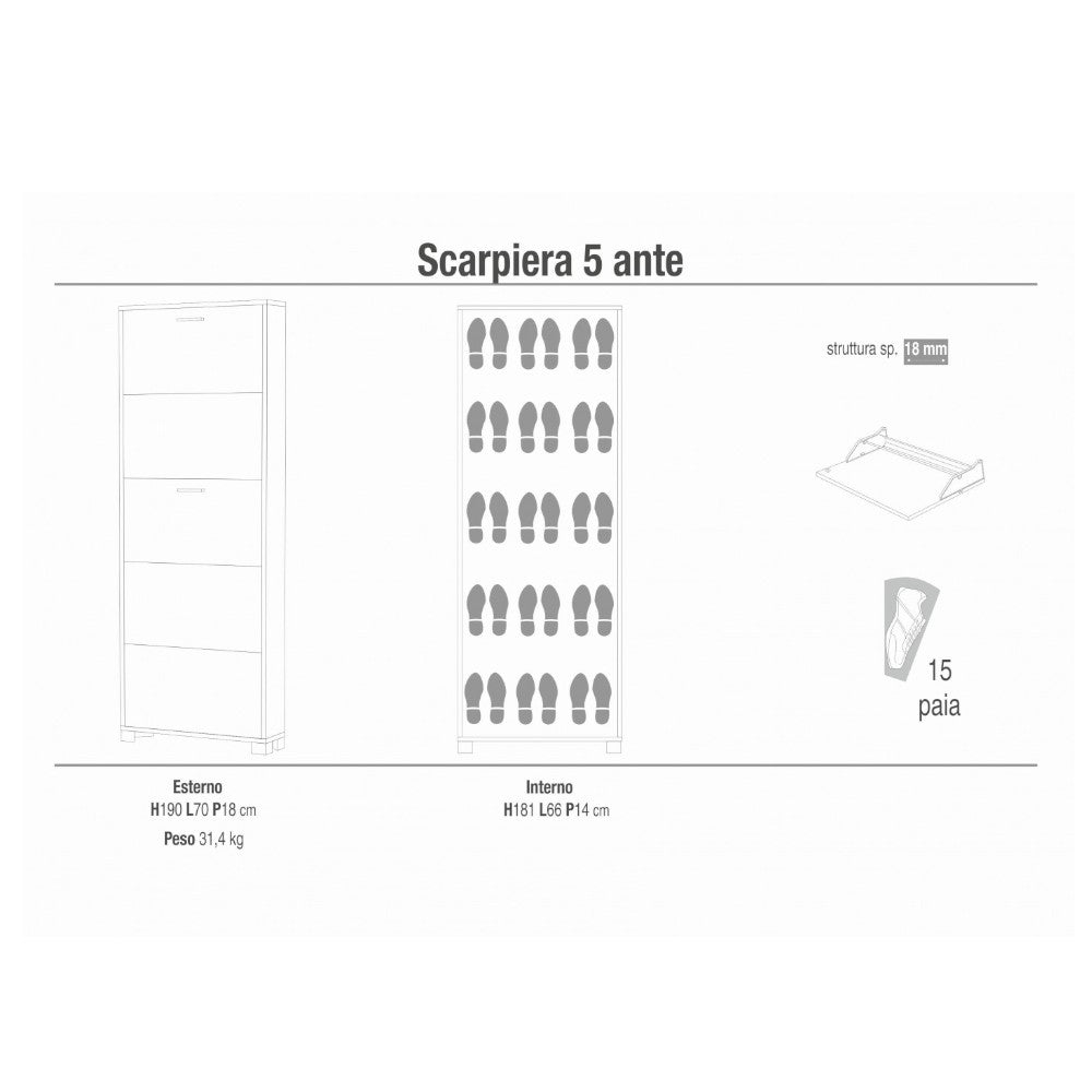 scarpiera moderna 5 ante salvaspazio colore ossido nero e noce dimensioni compatte 70x18x190 cm materiale mdf robusto