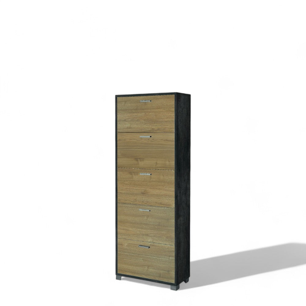 Scarpiera a cinque ante salvaspazio in MDF colore marrone con finitura ossido nero e noce dimensioni 70x29x190 cm