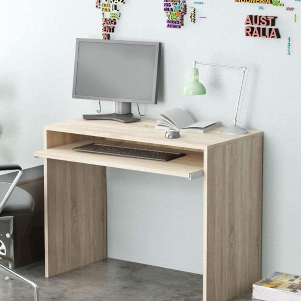 Scrivania per studio quercia chiaro con ripiano portatastiera estraibile 90x45x79h in truciolare nobilitato antigraffio
