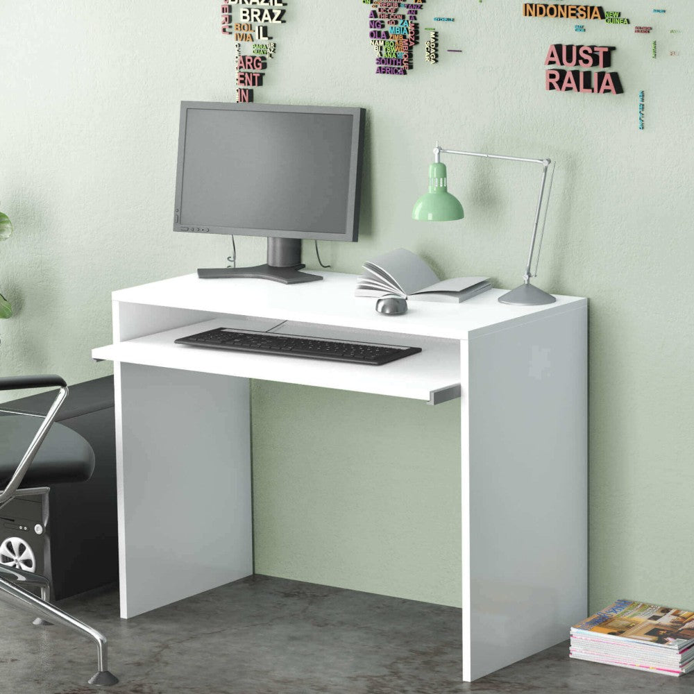 Scrivania bianca con ripiano portatastiera estraibile in truciolare nobilitato melaminico antigraffio 90x45x79 cm