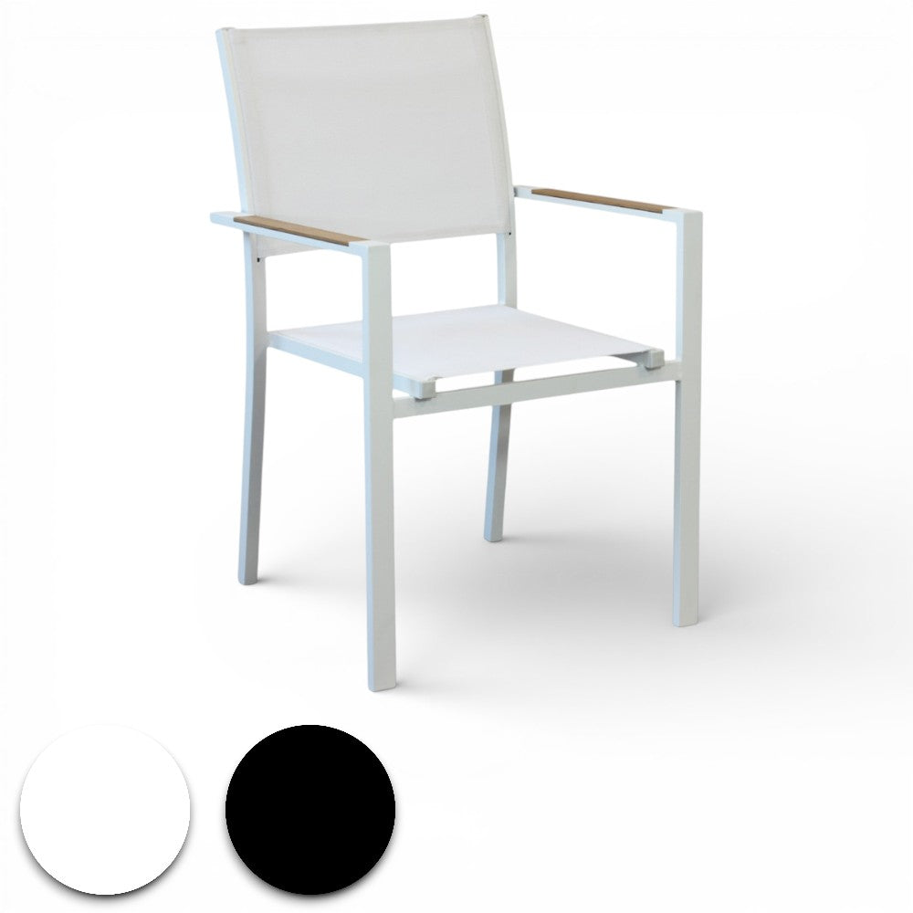 Poltrona da giardino impilabile con struttura in alluminio e braccioli effetto legno