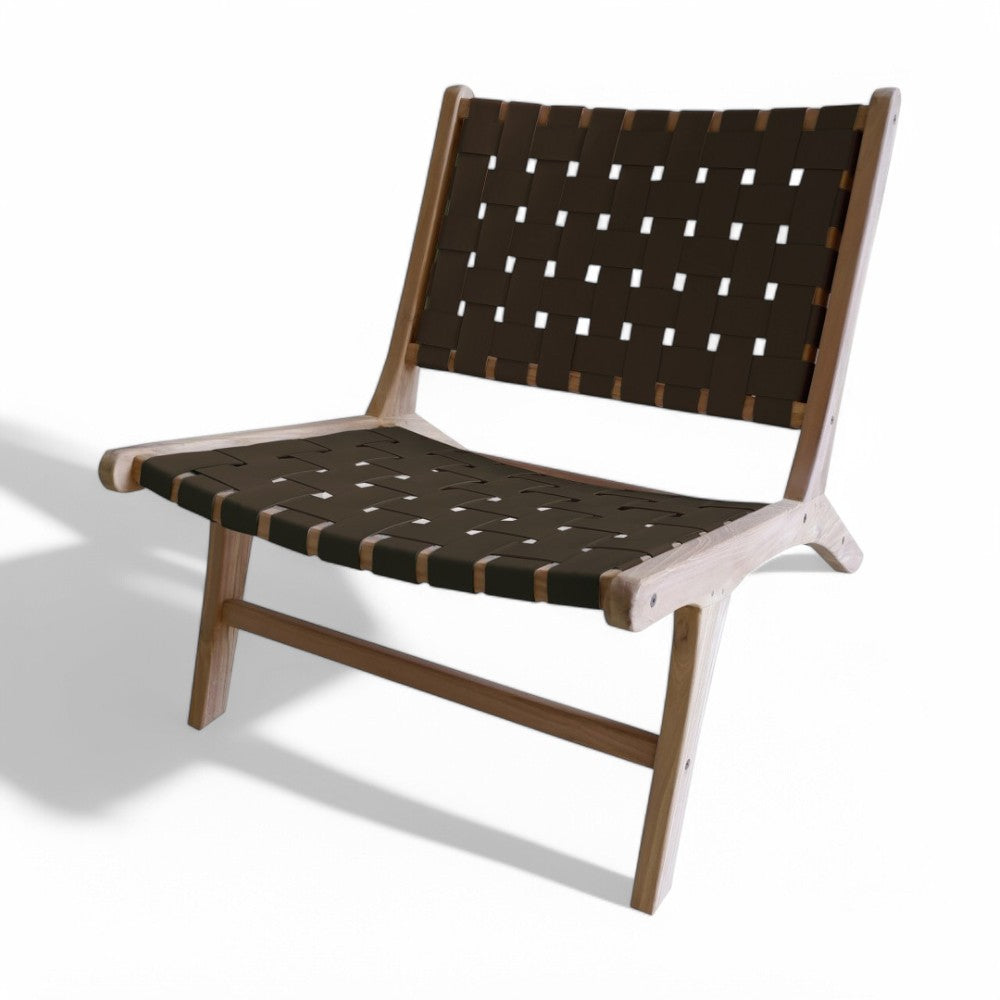 Sedia teak in legno ecopelle con seduta marrone 65x80xH68 cm Alexander