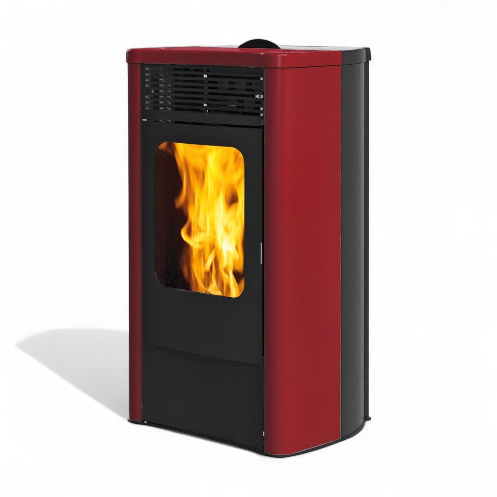 Stufa a pellet ventilata canalizzata 12 Kw in acciaio bordeaux con capacità serbatoio 24 Kg Laris