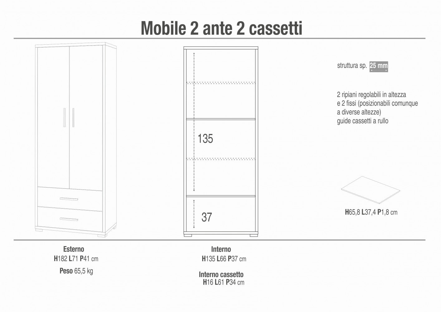 Armadio moderno due ante due cassetti colore marrone mdf dimensioni 71x41x182 cm elegante design casa arredamento contenitore