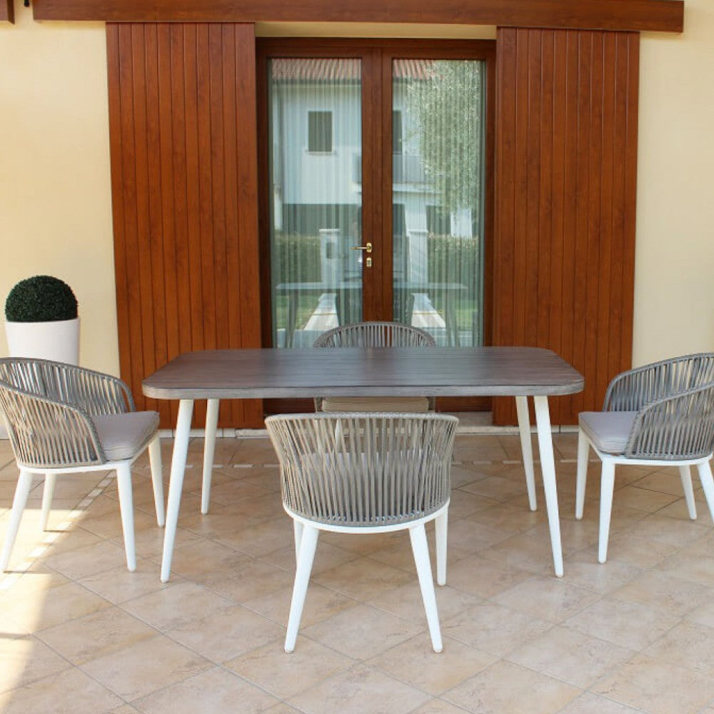 Tavolo 160x90 cm da esterno giardino con struttura in alluminio bianco e piano grigio effetto legno Nevada