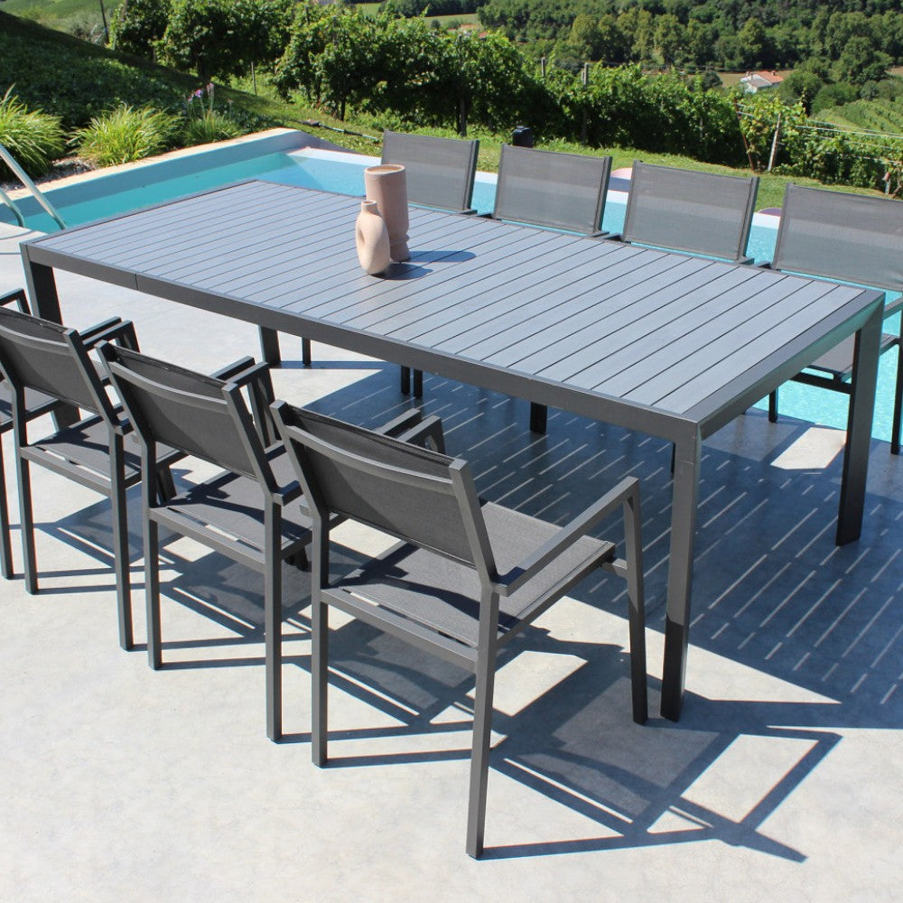 Tavolo allungabile in alluminio antracite effetto legno 190/250x100 cm per esterno design moderno e robusto