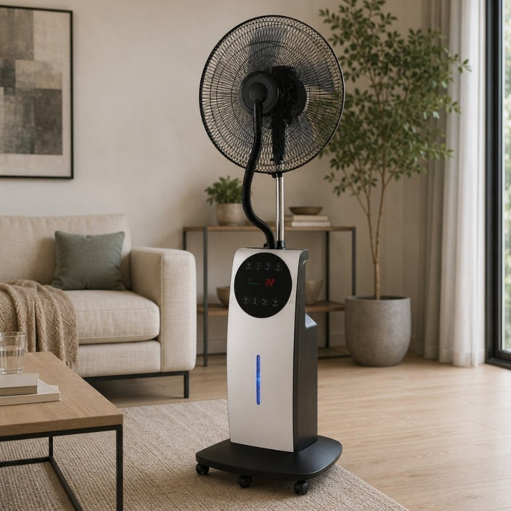 Ventilatore multifunzione a 3 pale con ruote e nebulizzatore 90W display led Nebuly