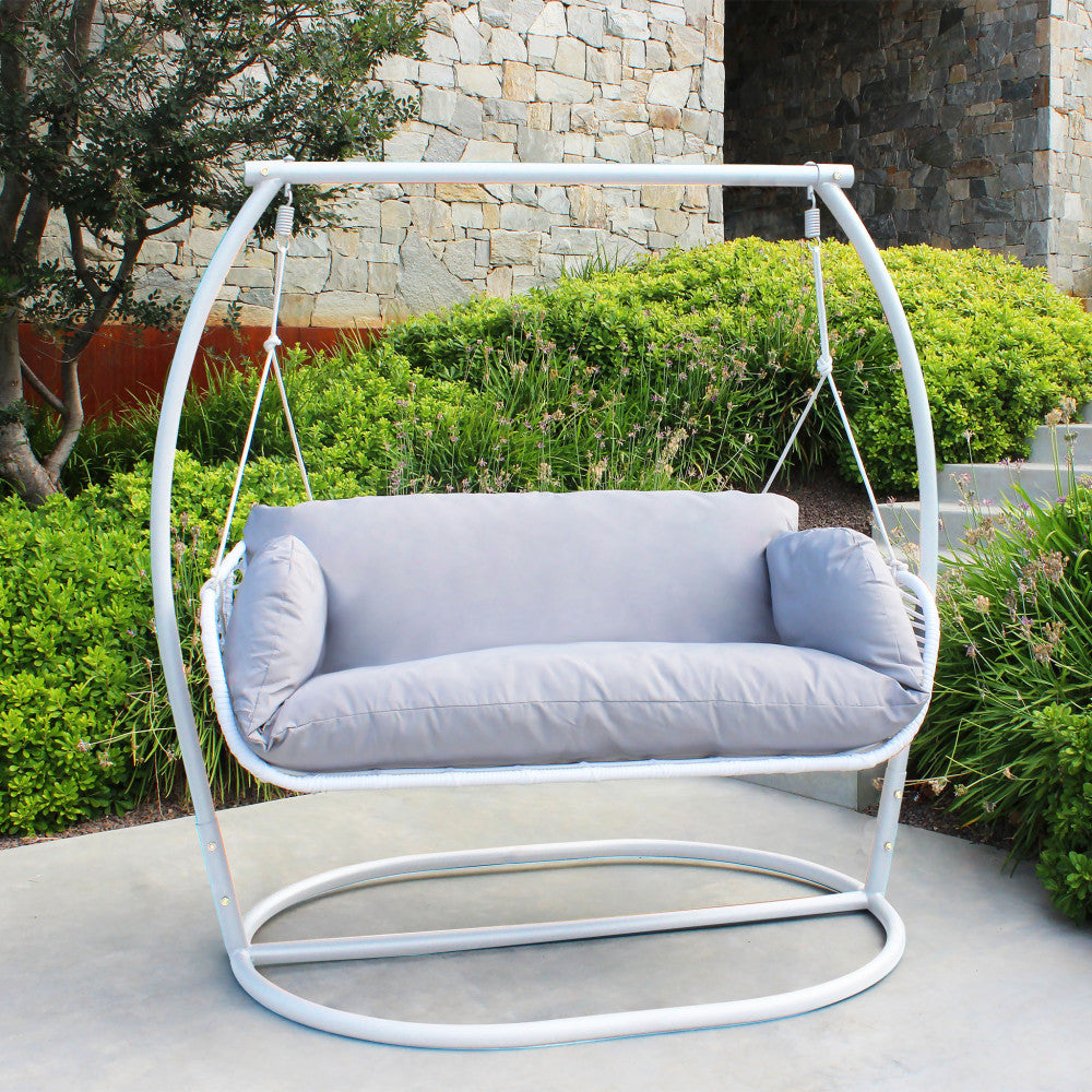 Dondolo due posti con struttura in metallo e cuscino imbottito grigio 150x160x105 cm Glasgow