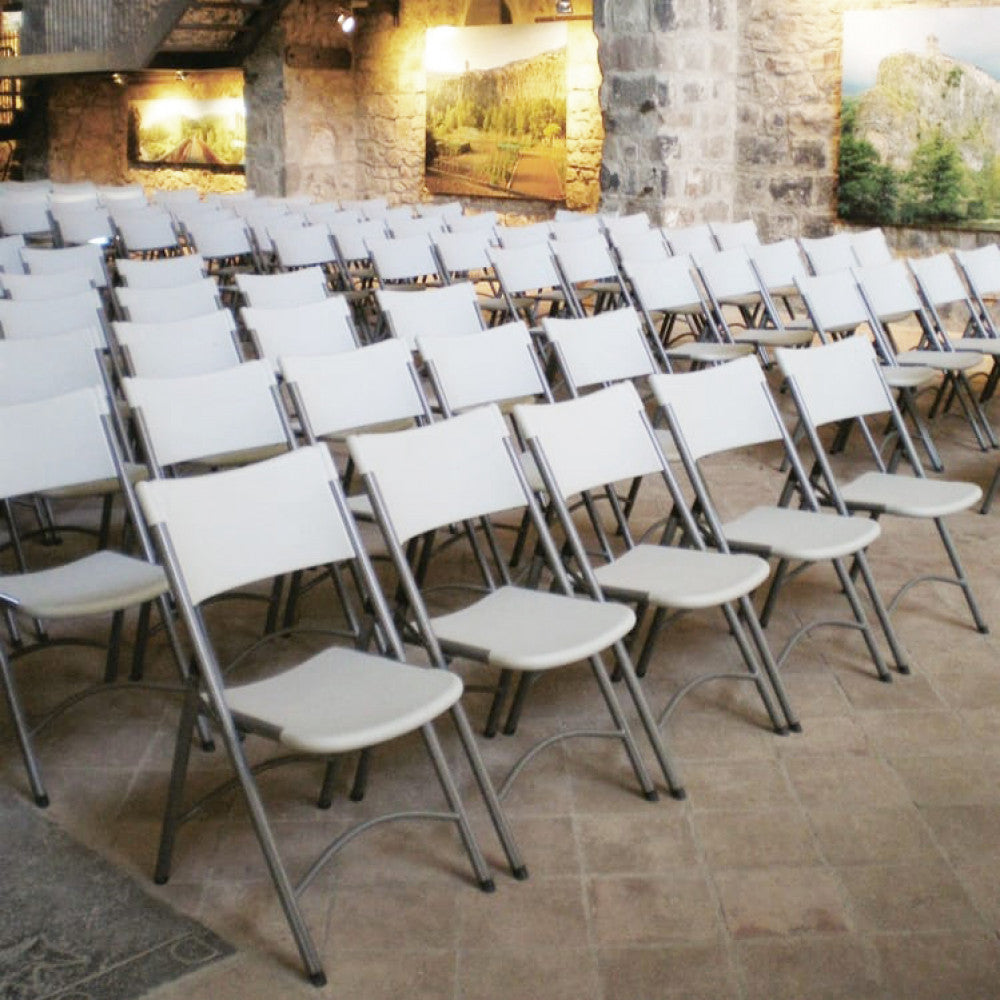 Sedia catering bianca pieghevole salvaspazio in acciaio e abs resistente