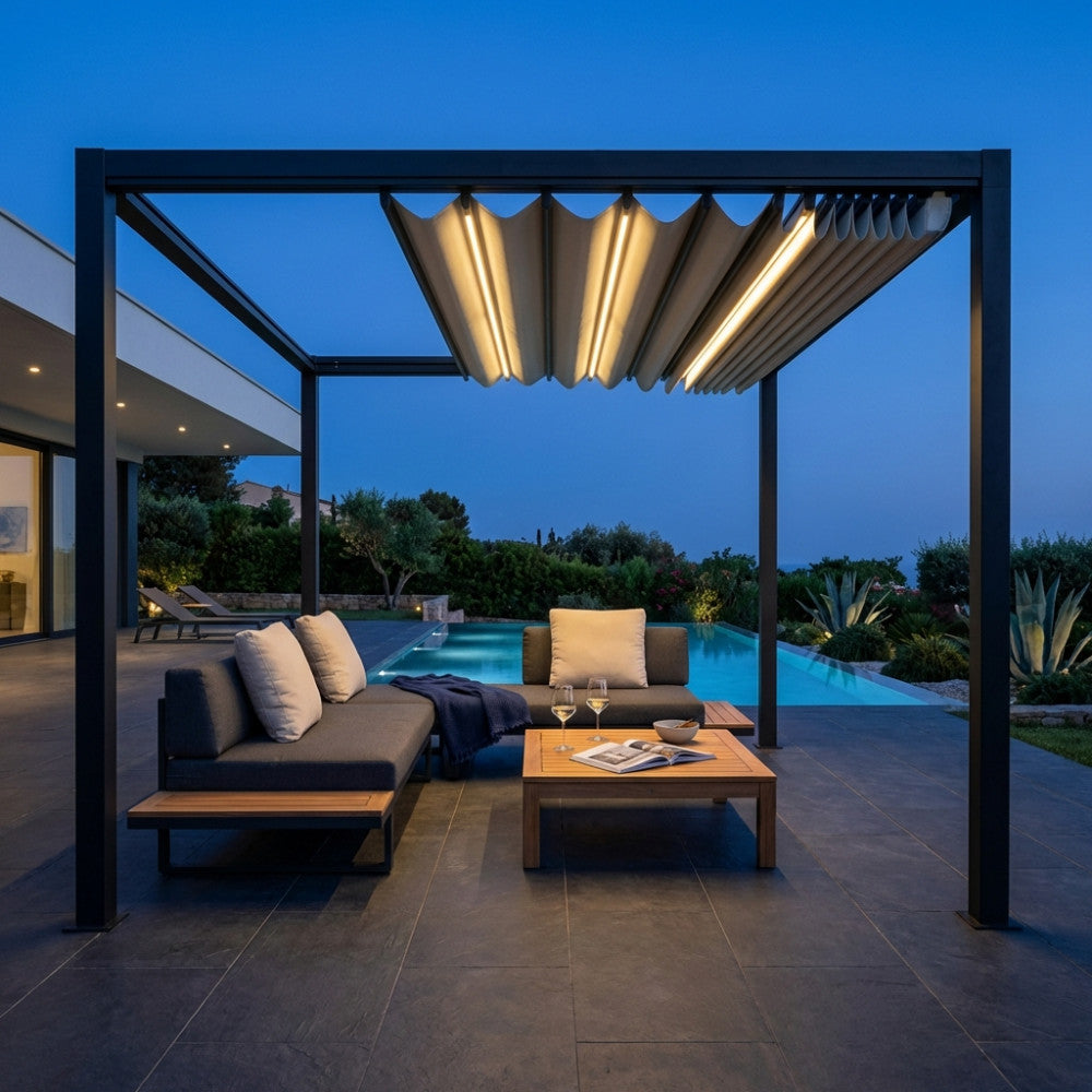 Gazebo pergola bioclimatica motorizzata da esterno in alluminio 3x4 mt con sistema retrattile integrato e illuminazione led