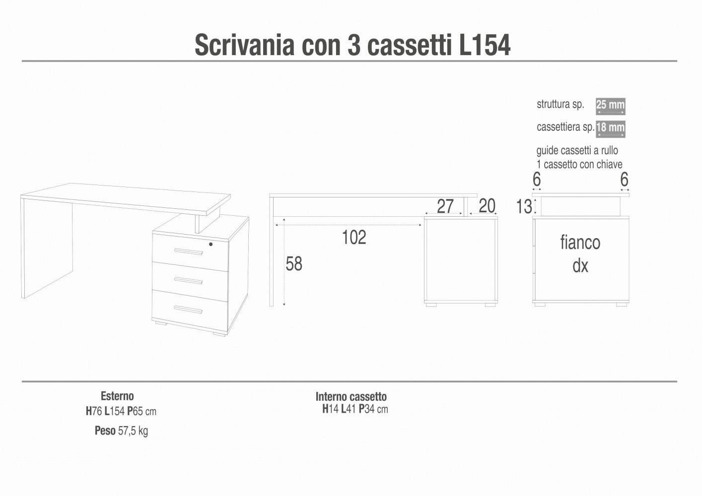 Scrivania moderna con cassettiera destra in MDF colore rovere chiaro 154x55x76 cm ideale per ufficio e casa design elegante