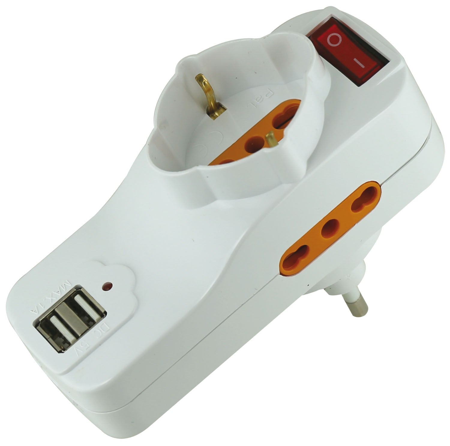 Adattatore multipresa rotante con 2 USB Schuko ed interruttore Brixo