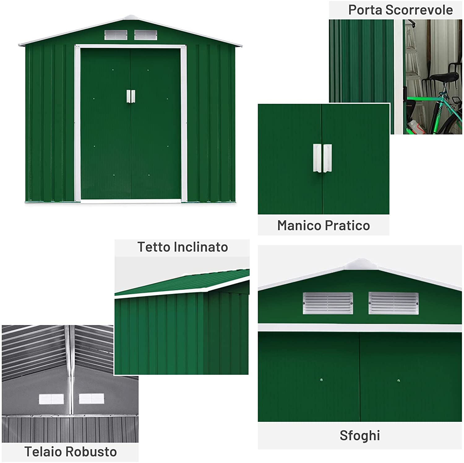 Casetta box deposito porta attrezzi in lamiera cm 340x319 verde con 2 po