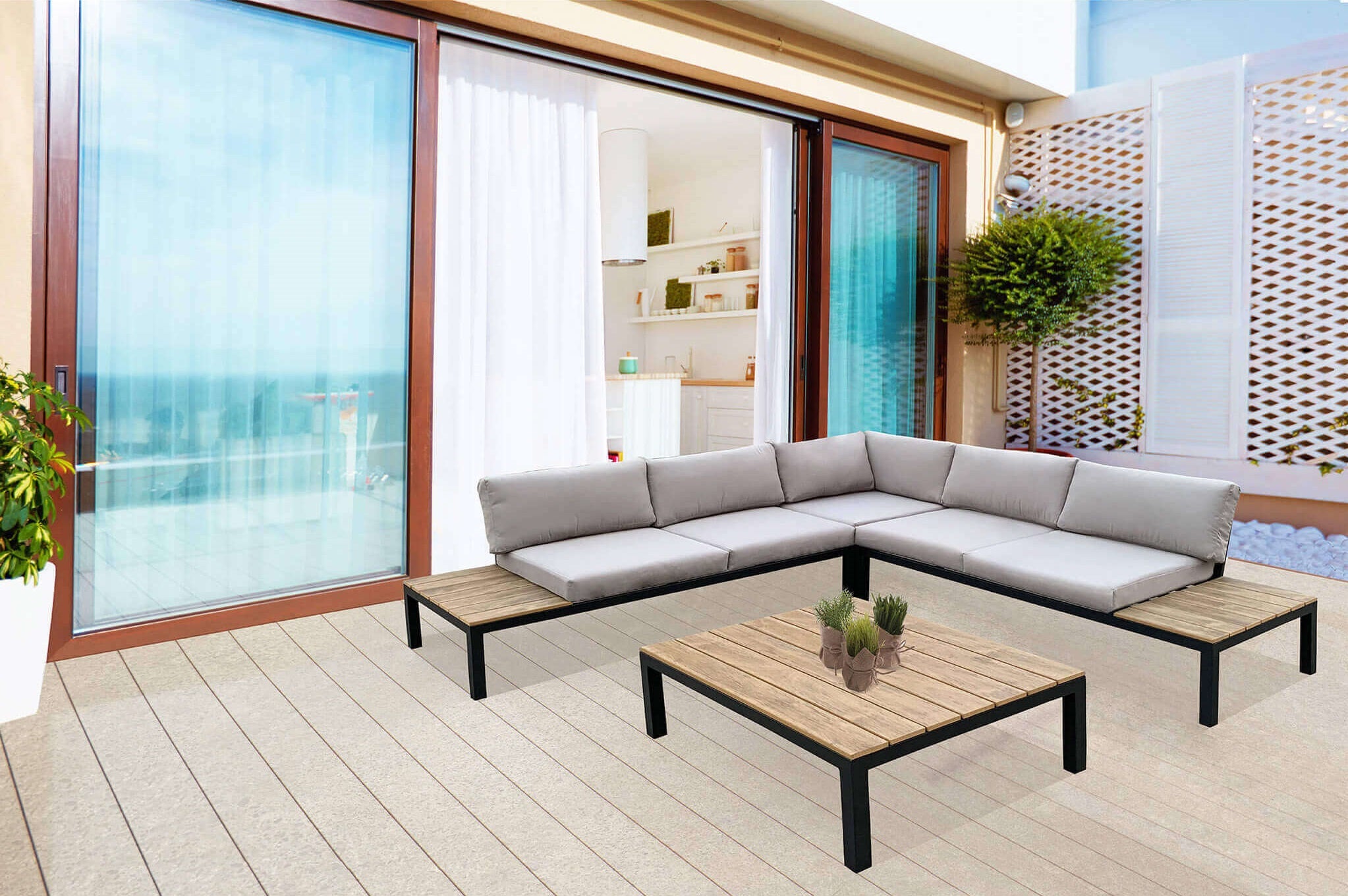 Salotto angolare in alluminio con base effetto legno per esterno STREET