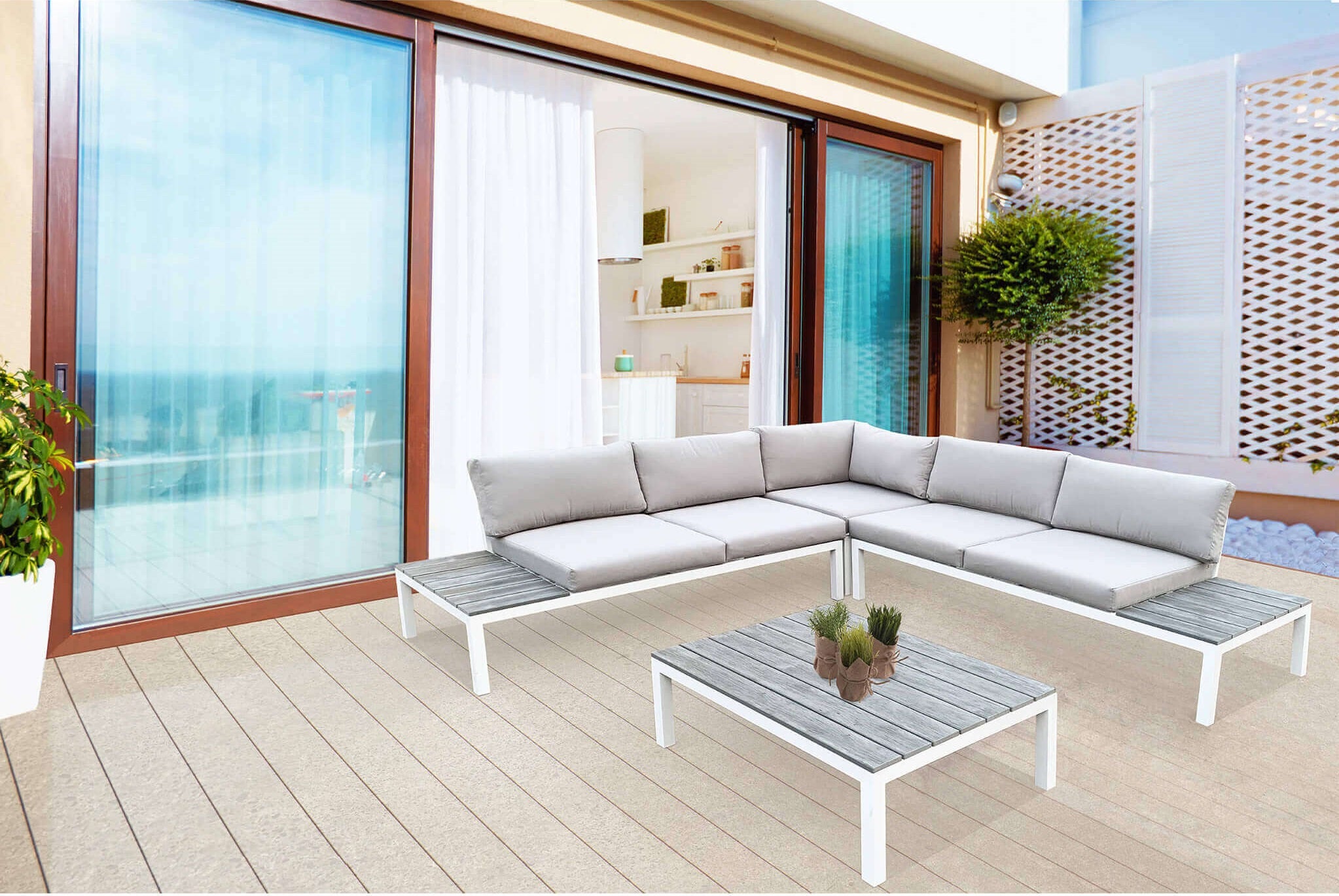 Salotto angolare in alluminio con base effetto legno per esterno STREET