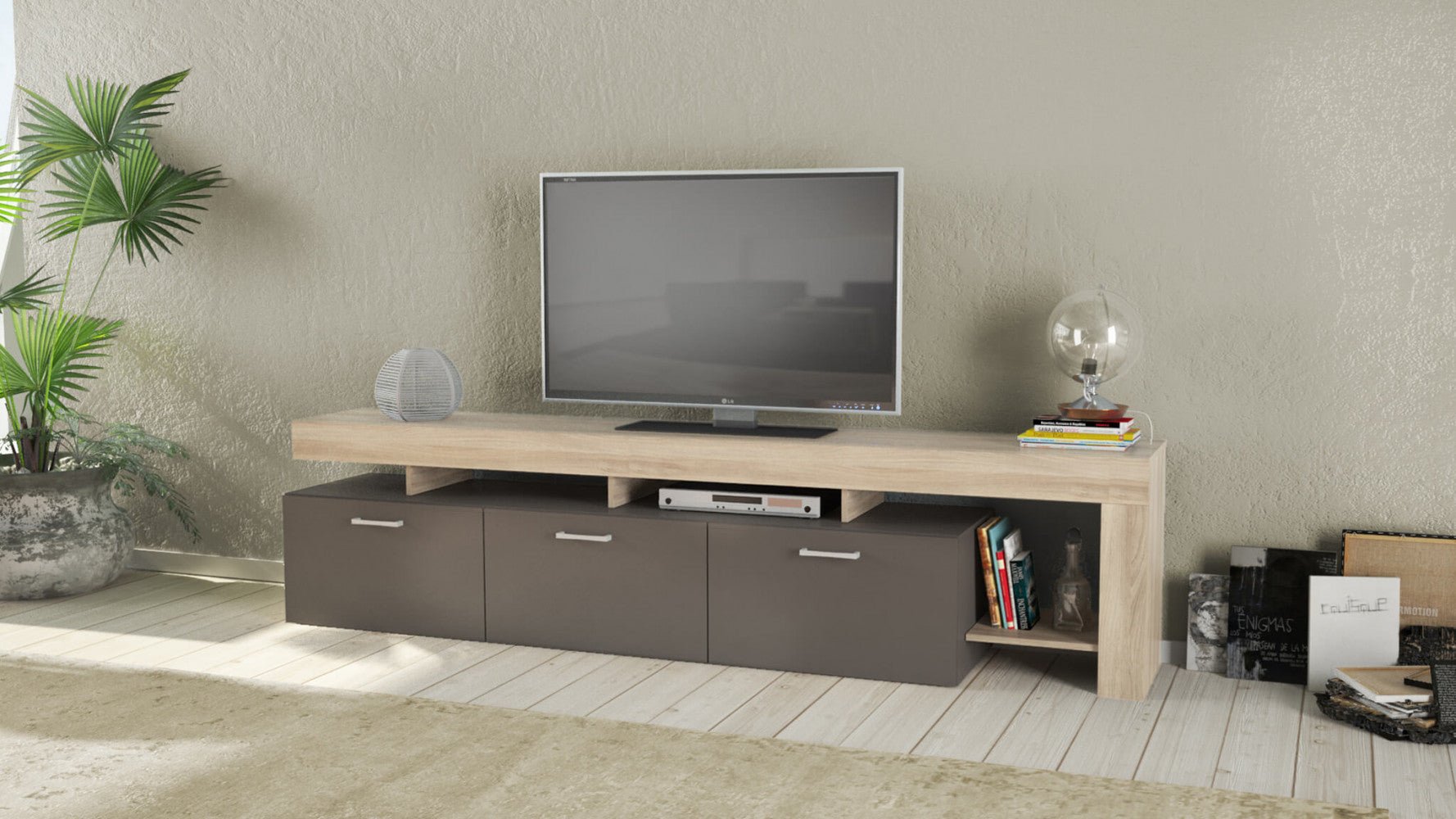Mobile basso porta tv da interno soggiorno con 3 cassetti e ripiano laterale in legno nobilitato bilaminato Robbert